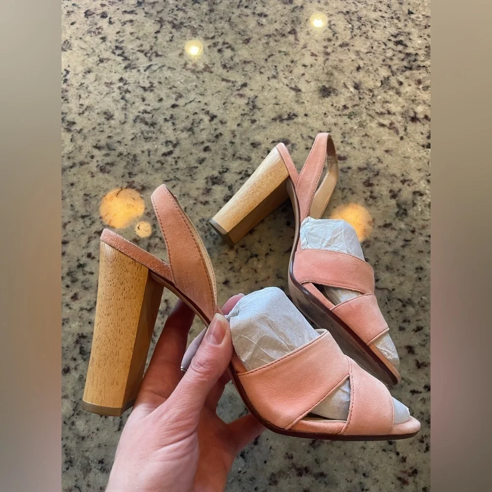Talbots peach suede wooden black heel sling back sandals size 8.5